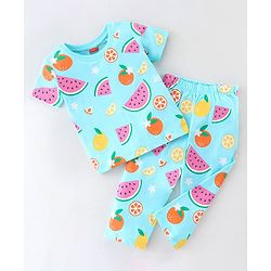 Babyhug Single Jersey Cotton Knit Half Sleeves Fruity Print Night Suit - Blue