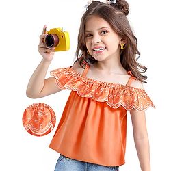 Babyhug Rayon Woven Sleeveless Cropped Top with Schiffli Detailing - Orange