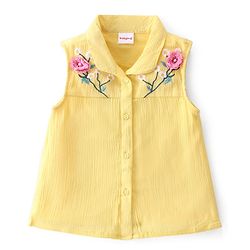 Babyhug Woven Sleeveless Floral Embroidery Crinkle Crepe Top - Yellow