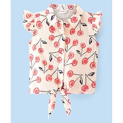 Babyhug Rayon Woven Frill Sleeves Top with Cherry Print & Knot Detailing - White & Peach