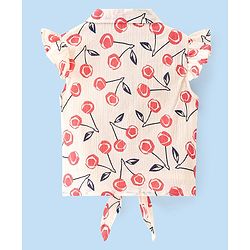 Babyhug Rayon Woven Frill Sleeves Top with Cherry Print & Knot Detailing - White & Peach