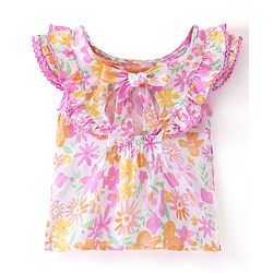 Babyhug Rayon Half Sleeves Top Floral Print- White & Pink