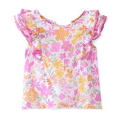Babyhug Rayon Half Sleeves Top Floral Print- White & Pink