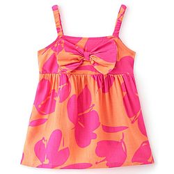 Babyhug Rayon Woven Sleeveless Floral Printed Singlet Top with Bow Applique - Mustard Yellow & Pink