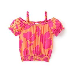 Babyhug Rayon Woven Half Sleeves Floral Printed Singlet Top - Mustard Yellow & Pink