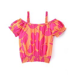 Babyhug Rayon Woven Half Sleeves Floral Printed Singlet Top - Mustard Yellow & Pink