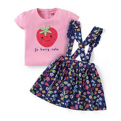 Babyhug Cotton Knit Half Sleeves Top & Floral Printed Skirt Set With Strawberry Applique - Pink & Blue