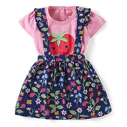Babyhug Cotton Knit Half Sleeves Top & Floral Printed Skirt Set With Strawberry Applique - Pink & Blue
