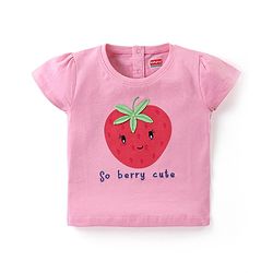 Babyhug Cotton Knit Half Sleeves Top & Floral Printed Skirt Set With Strawberry Applique - Pink & Blue