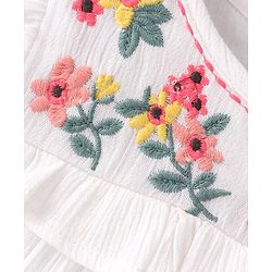 Babyhug 100% Rayon Woven Crinkle Crepe Frill Sleeves Woven Top With Floral Embroidery - White