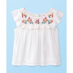 Babyhug 100% Rayon Woven Crinkle Crepe Frill Sleeves Woven Top With Floral Embroidery - White