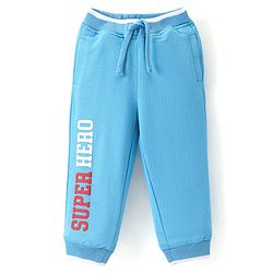 Babyhug Cotton Looper Knit Full Length Track Pant Text Print - Blue