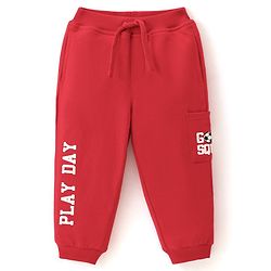 Babyhug Cotton Looper Full Length Lounge Pant With Text Print - Red