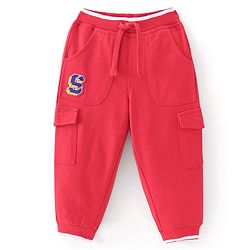 Babyhug Cotton Looper Knit Full Length Lounge Pants With Text Patch - Red