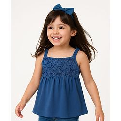 Babyhug Cotton Knit Sleeveless Singlet Top with Crotchet Detailing - Navy Blue