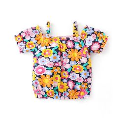 Babyhug Rayon Woven Half Sleeves Floral Printed Singlet Top - Navy Blue