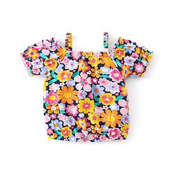 Babyhug Rayon Woven Half Sleeves Floral Printed Singlet Top - Navy Blue