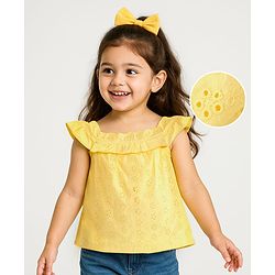 Babyhug 100% Cotton Sleeveless Schiffli Cropped Top With Frill Detailing- Yellow