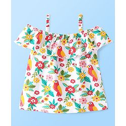 Babyhug 100% Rayon Woven Sleeveless Top with Frill Detailing Floral & Bird Print -White