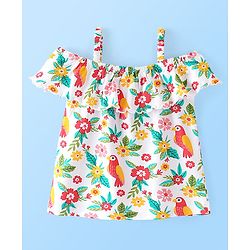Babyhug 100% Rayon Woven Sleeveless Top with Frill Detailing Floral & Bird Print -White