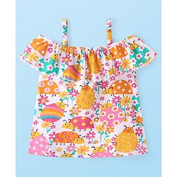 Babyhug Cotton Knit Off Shoulder Sleeves  Top Floral Print- White