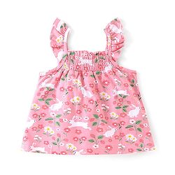 Babyhug 100% Cotton Knit Frill Sleeve Top With Floral Print - Pink