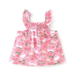 Babyhug 100% Cotton Knit Frill Sleeve Cropped Top With Floral Print - Pink