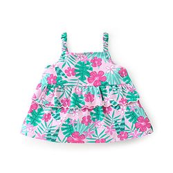 Babyhug 100% Cotton Knit Sleeveless Cropped Top With Frill Detailing & Tropical Print - Pink