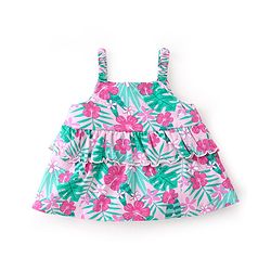 Babyhug 100% Cotton Knit Sleeveless Cropped Top With Frill Detailing & Tropical Print - Pink