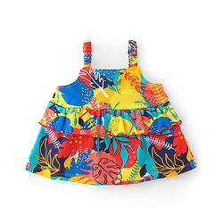 Babyhug Cotton Knit Sleeveless Tropical Printed Top with Frill Detailing - Multicolour