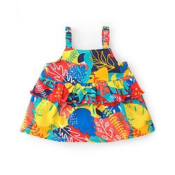 Babyhug Cotton Knit Sleeveless Tropical Printed Top with Frill Detailing - Multicolour
