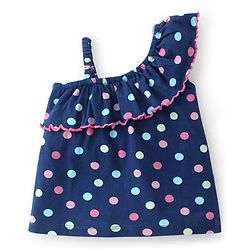 Babyhug Cotton Sleeveless One Shoulder Top With Polka Dot Print - Navy