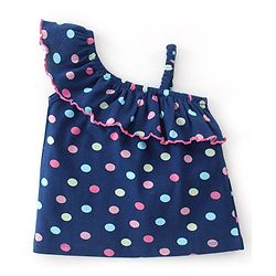 Babyhug Cotton Sleeveless One Shoulder Top With Polka Dot Print - Navy