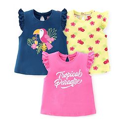 Babyhug Cotton Knit Frill Sleeves T-Shirts with Floral & Tropical Birds Print Pack of 3 - Yellow Navy & Pink