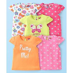 Babyhug 100% Cotton Cap Sleeves Top With Butterfly & Floral Graphics Pack of 5 - Multicolour