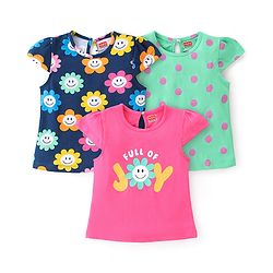 Babyhug Cotton Knit Cap Sleeves Floral & Text Printed T-Shirts Pack of 3 - Pink Green & Navy Blue