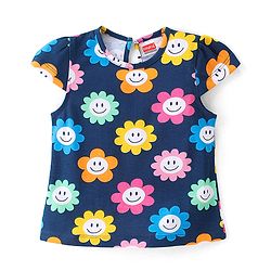 Babyhug Cotton Knit Cap Sleeves Floral & Text Printed T-Shirts Pack of 3 - Pink Green & Navy Blue