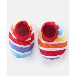 Babyhug 100% Cotton Knit Striped Cap Mittens & Booties Set - Multicolour