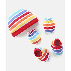 Babyhug 100% Cotton Knit Striped Cap Mittens & Booties Set - Multicolour