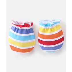 Babyhug 100% Cotton Knit Striped Cap Mittens & Booties Set - Multicolour