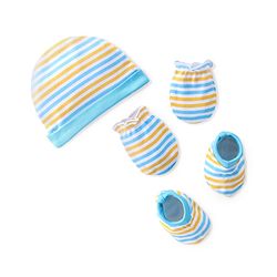 Babyhug 100% Cotton Knit Cap Mittens & Booties  Stripe Print- Blue