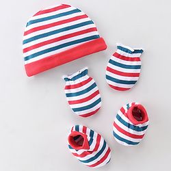 Babyhug 100% Cotton Knit Cap Mittens & Booties Set Stripes Print- Red Blue & White