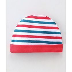 Babyhug 100% Cotton Knit Cap Mittens & Booties Set Stripes Print- Red Blue & White