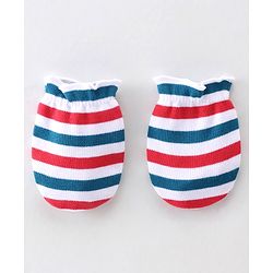 Babyhug 100% Cotton Knit Cap Mittens & Booties Set Stripes Print- Red Blue & White