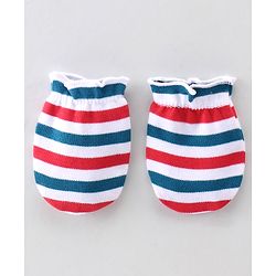 Babyhug 100% Cotton Knit Cap Mittens & Booties Set Stripes Print- Red Blue & White