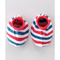 Babyhug 100% Cotton Knit Cap Mittens & Booties Set Stripes Print- Red Blue & White