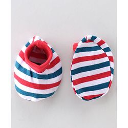 Babyhug 100% Cotton Knit Cap Mittens & Booties Set Stripes Print- Red Blue & White