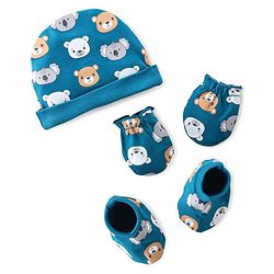 Babyhug 100% Cotton Knit Cap Mittens & Booties  Koala & Bear Print- Navy Blue