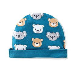 Babyhug 100% Cotton Knit Cap Mittens & Booties  Koala & Bear Print- Navy Blue