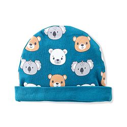 Babyhug 100% Cotton Knit Cap Mittens & Booties  Koala & Bear Print- Navy Blue